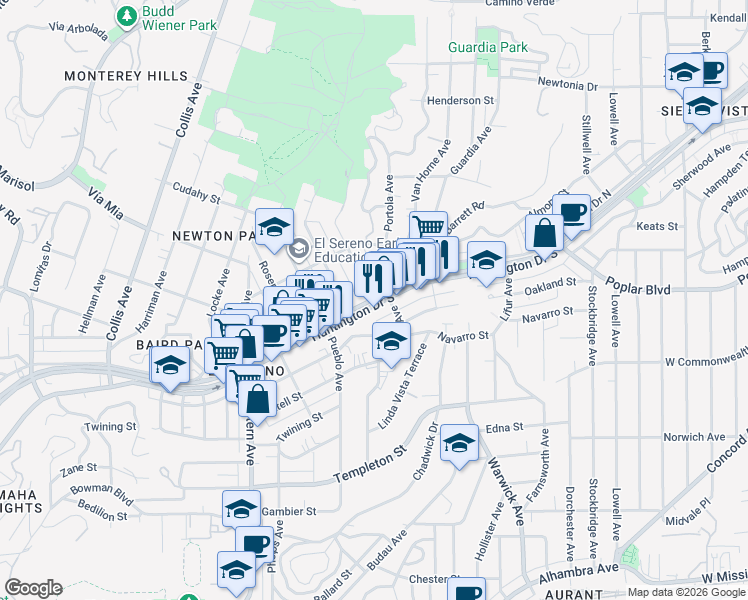 map of restaurants, bars, coffee shops, grocery stores, and more near Huntington Drive in Los Angeles