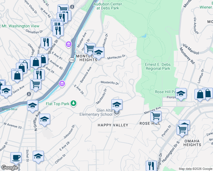map of restaurants, bars, coffee shops, grocery stores, and more near 1143 Montecito Drive in Los Angeles
