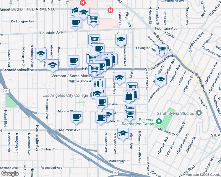 map of restaurants, bars, coffee shops, grocery stores, and more near 4421 Lockwood Avenue in Los Angeles
