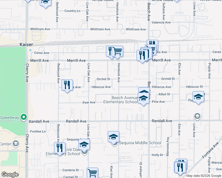 map of restaurants, bars, coffee shops, grocery stores, and more near 15045 Hibiscus Avenue in Fontana