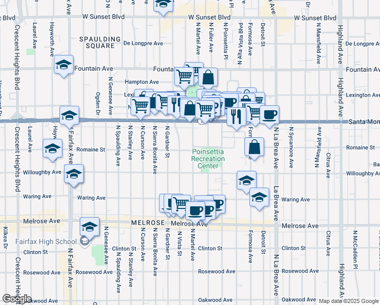 map of restaurants, bars, coffee shops, grocery stores, and more near 951 North Martel Avenue in Los Angeles