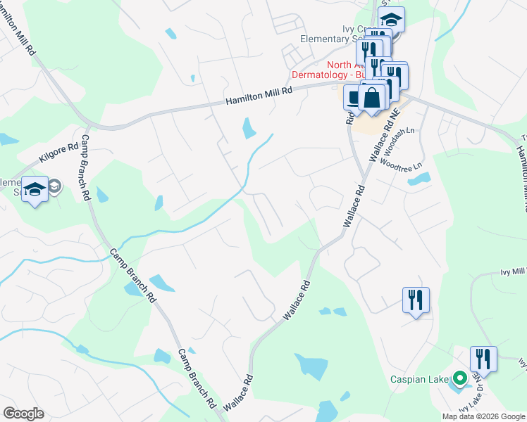 map of restaurants, bars, coffee shops, grocery stores, and more near 3365 Earhart Way in Buford