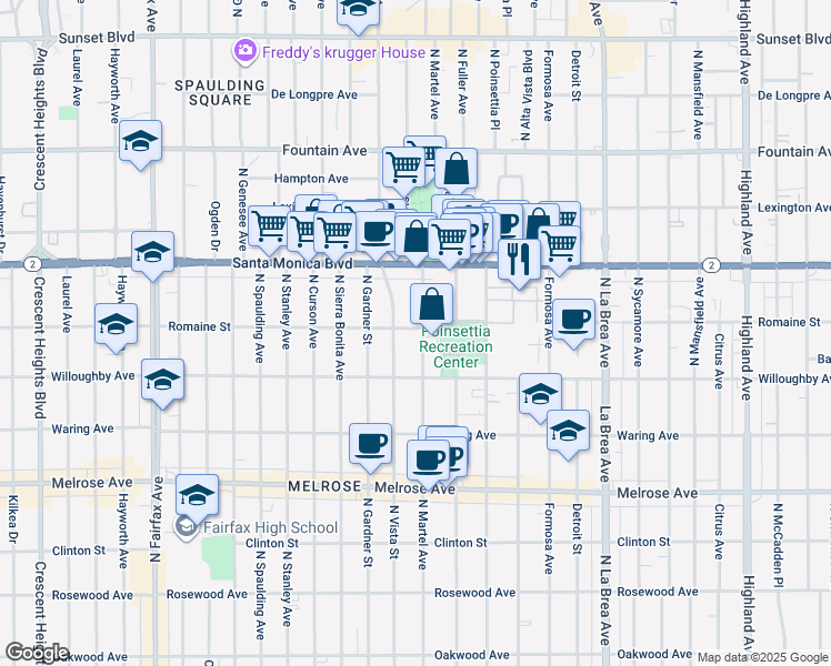 map of restaurants, bars, coffee shops, grocery stores, and more near 951 North Martel Avenue in Los Angeles