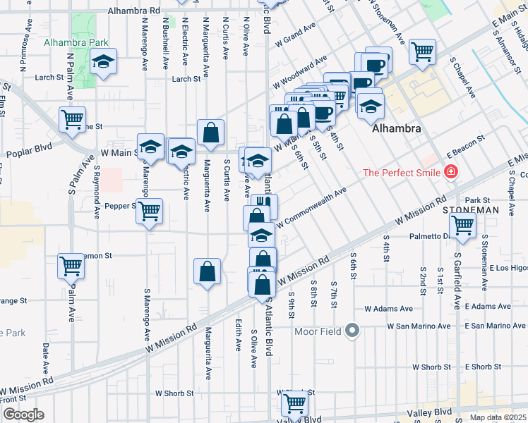 map of restaurants, bars, coffee shops, grocery stores, and more near 217 South Atlantic Boulevard in Alhambra