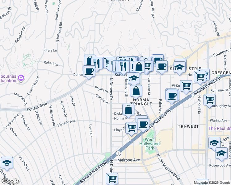 map of restaurants, bars, coffee shops, grocery stores, and more near 9040 Phyllis Avenue in West Hollywood
