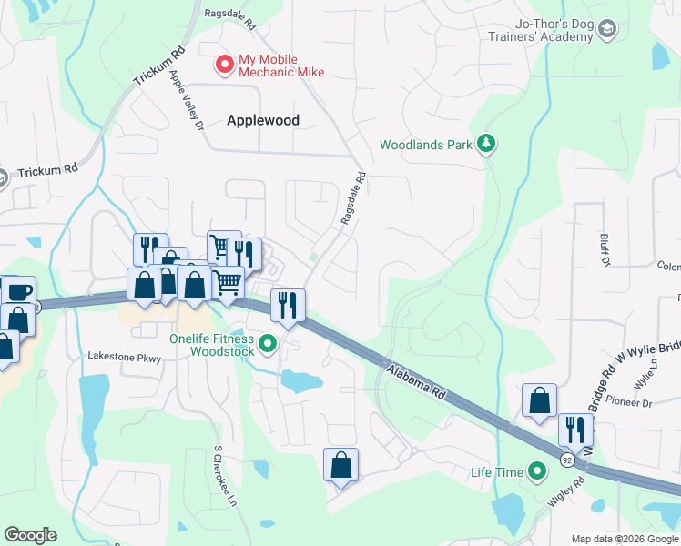 map of restaurants, bars, coffee shops, grocery stores, and more near 306 Cornerstone Trce in Woodstock