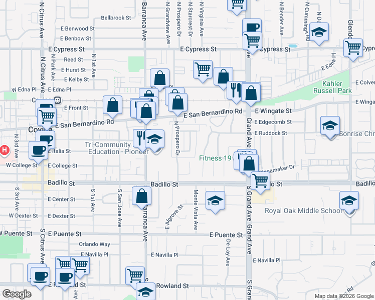 map of restaurants, bars, coffee shops, grocery stores, and more near 651 East Italia Street in Covina