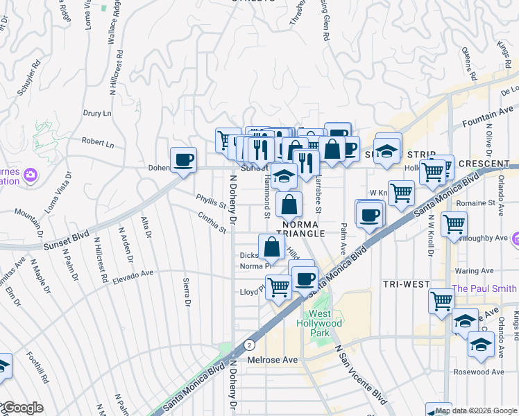 map of restaurants, bars, coffee shops, grocery stores, and more near 967 Hammond Street in West Hollywood