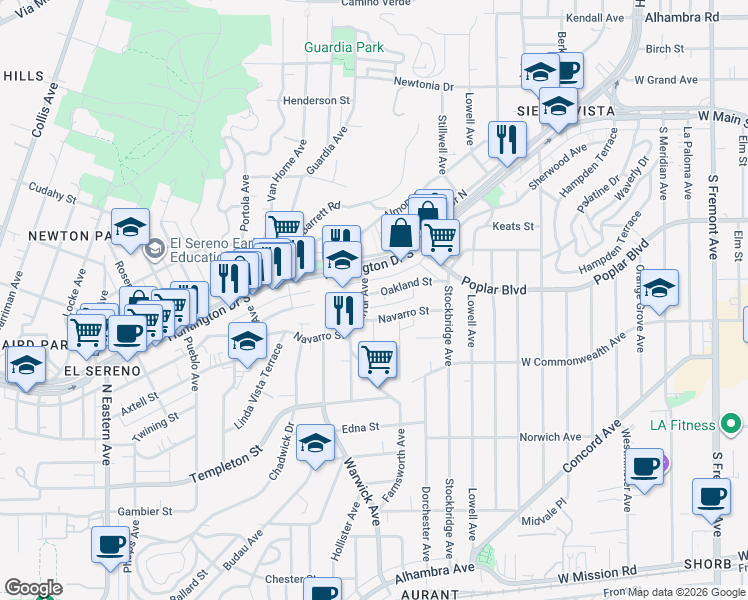 map of restaurants, bars, coffee shops, grocery stores, and more near 5308 Oakland Street in Los Angeles