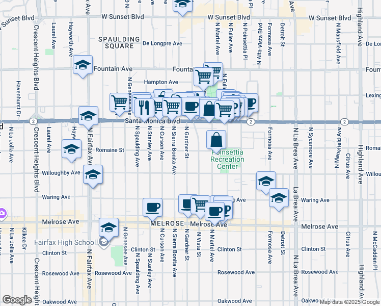 map of restaurants, bars, coffee shops, grocery stores, and more near 7452 Romaine Street in West Hollywood