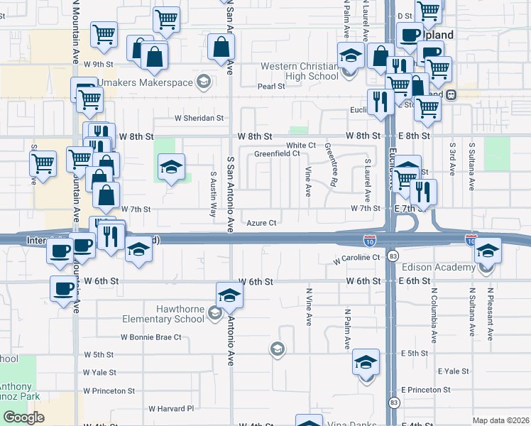 map of restaurants, bars, coffee shops, grocery stores, and more near 632 West 7th Street in Upland