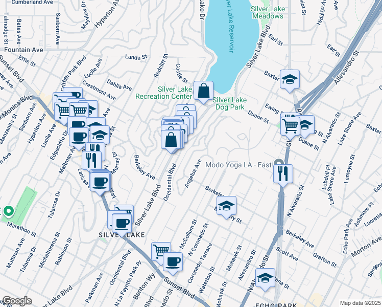 map of restaurants, bars, coffee shops, grocery stores, and more near 1655 Silverwood Terrace in Los Angeles