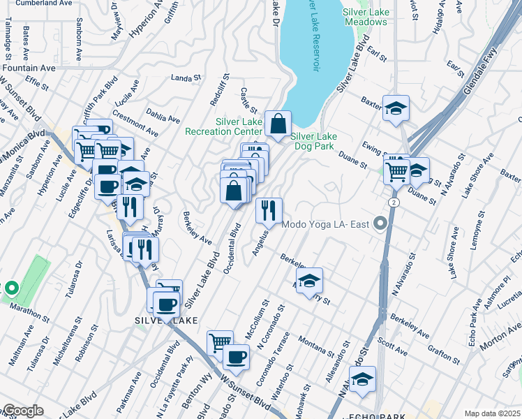 map of restaurants, bars, coffee shops, grocery stores, and more near 1655 Silverwood Terrace in Los Angeles