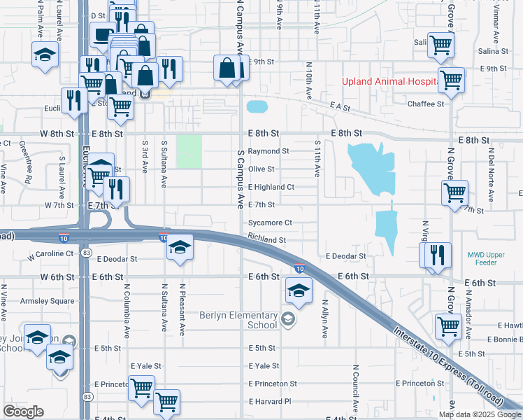 map of restaurants, bars, coffee shops, grocery stores, and more near 798 East 7th Street in Upland