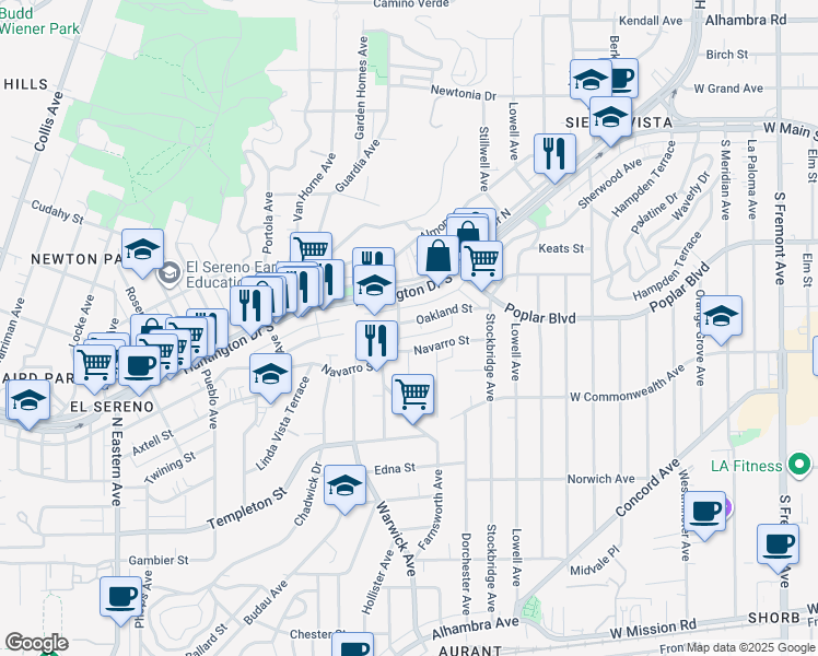 map of restaurants, bars, coffee shops, grocery stores, and more near 5303 Oakland Street in Los Angeles