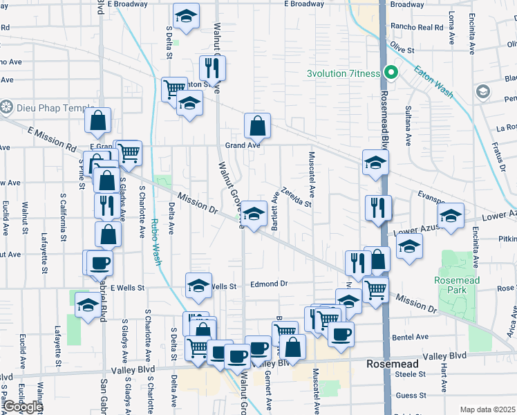 map of restaurants, bars, coffee shops, grocery stores, and more near 8623 Mission Villa Drive in Rosemead
