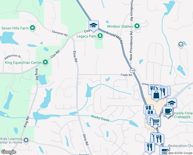 map of restaurants, bars, coffee shops, grocery stores, and more near 355 Cagle Road in Roswell