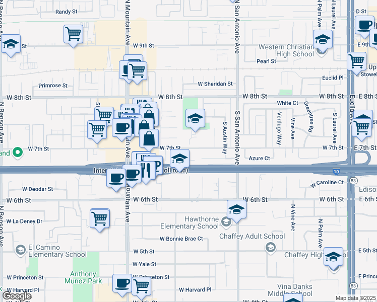 map of restaurants, bars, coffee shops, grocery stores, and more near 968 West 7th Street in Upland
