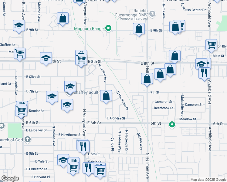 map of restaurants, bars, coffee shops, grocery stores, and more near 2032 East 7th Street in Ontario