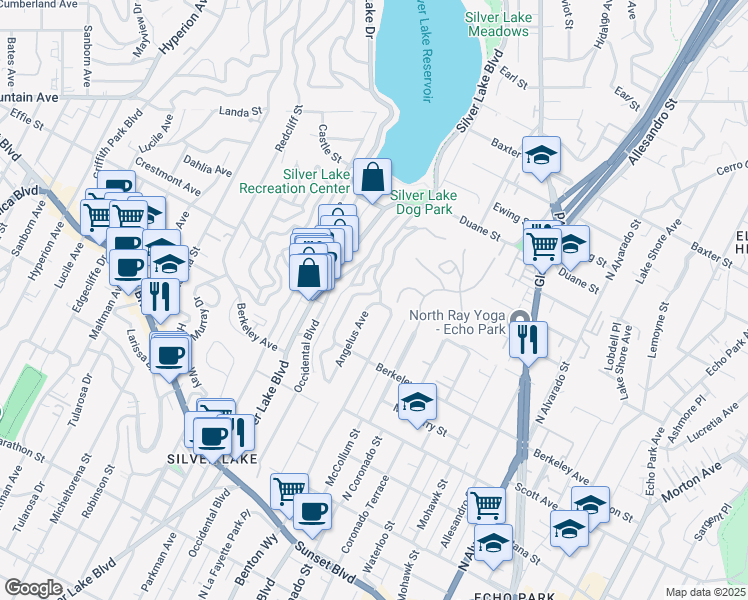map of restaurants, bars, coffee shops, grocery stores, and more near 1671 Angelus Avenue in Los Angeles