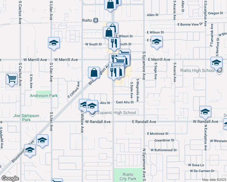 map of restaurants, bars, coffee shops, grocery stores, and more near 660 South Riverside Avenue in Rialto