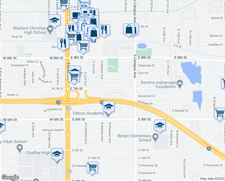 map of restaurants, bars, coffee shops, grocery stores, and more near 497 East 7th Street in Upland