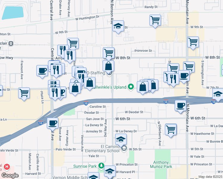map of restaurants, bars, coffee shops, grocery stores, and more near Moreno Street in Montclair