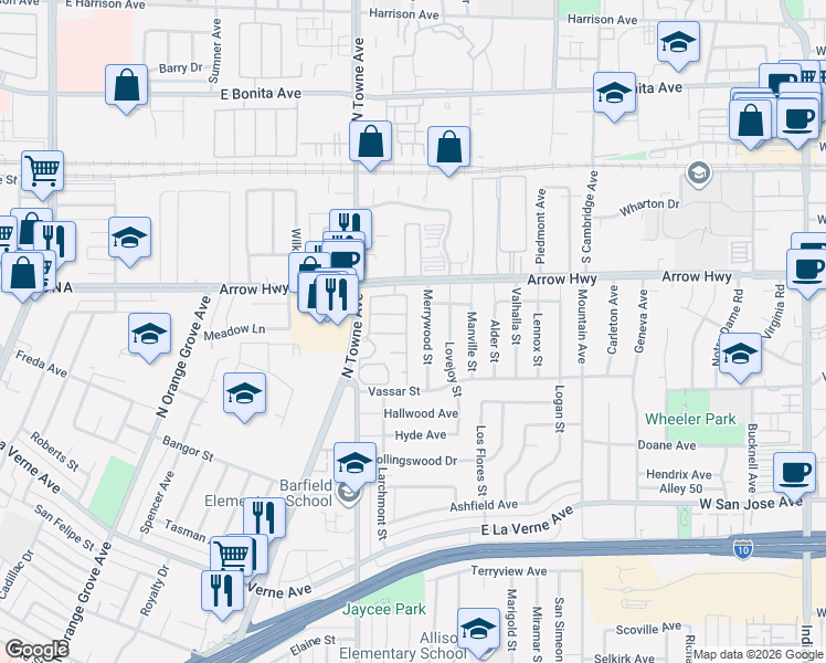 map of restaurants, bars, coffee shops, grocery stores, and more near 830 Peachtree Way in Pomona