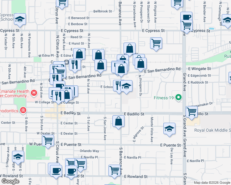 map of restaurants, bars, coffee shops, grocery stores, and more near 462 East School Street in Covina