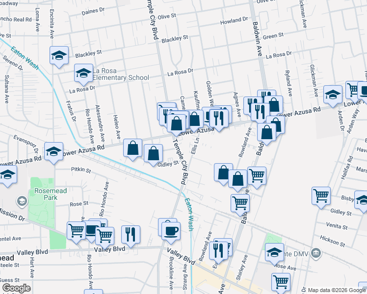 map of restaurants, bars, coffee shops, grocery stores, and more near 4515 Ellis Lane in Temple City