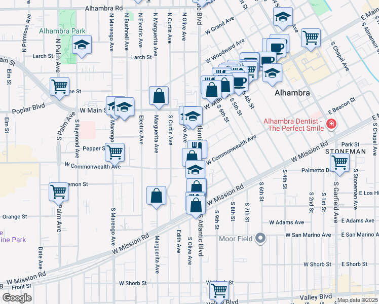 map of restaurants, bars, coffee shops, grocery stores, and more near 208 South Olive Avenue in Alhambra