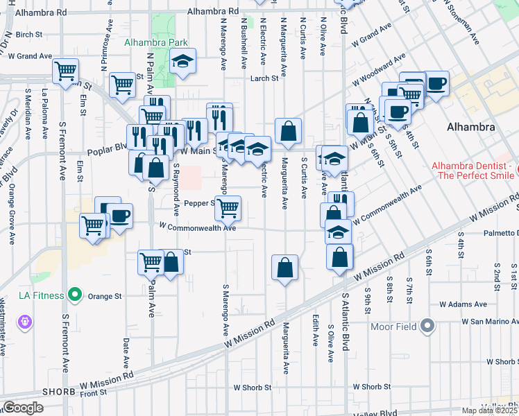 map of restaurants, bars, coffee shops, grocery stores, and more near 129 Electric Avenue in Alhambra