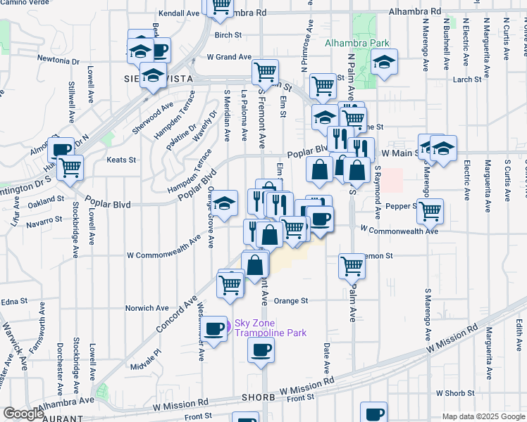 map of restaurants, bars, coffee shops, grocery stores, and more near 433 Fremont Avenue in Alhambra