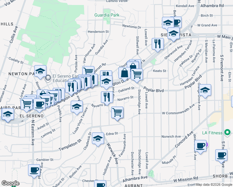 map of restaurants, bars, coffee shops, grocery stores, and more near 5303 Oakland Street in Los Angeles