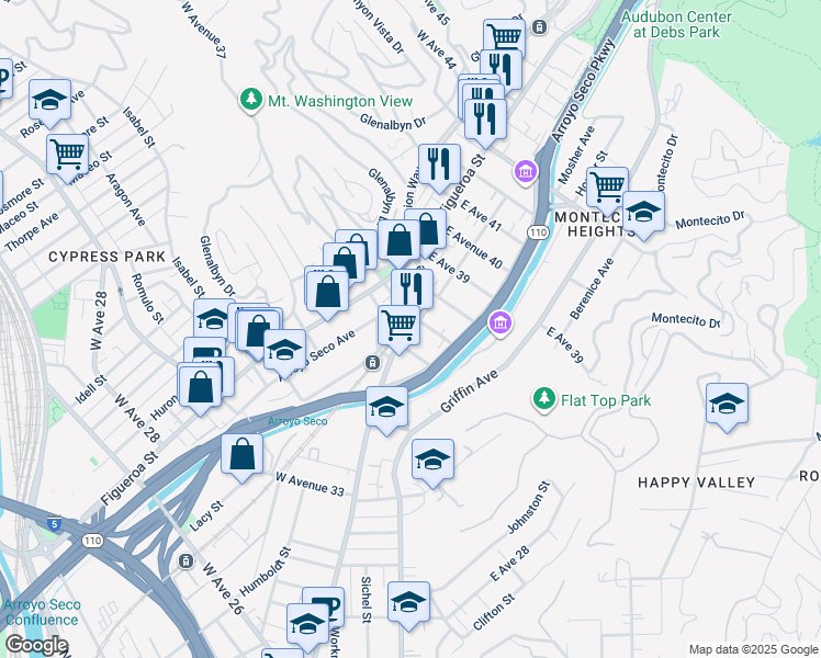 map of restaurants, bars, coffee shops, grocery stores, and more near 3643 Marmion Way in Los Angeles
