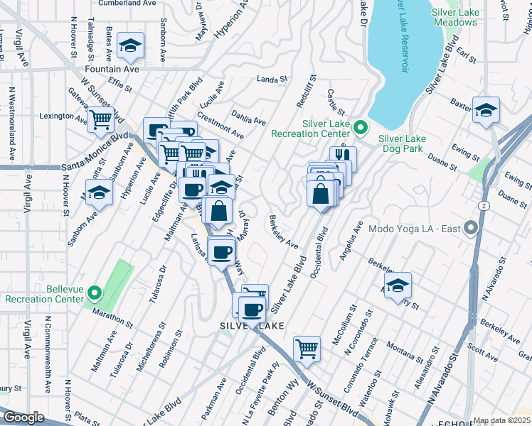 map of restaurants, bars, coffee shops, grocery stores, and more near 1612 Redesdale Avenue in Los Angeles