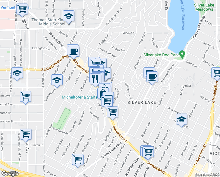 map of restaurants, bars, coffee shops, grocery stores, and more near 1518 Micheltorena Street in Los Angeles