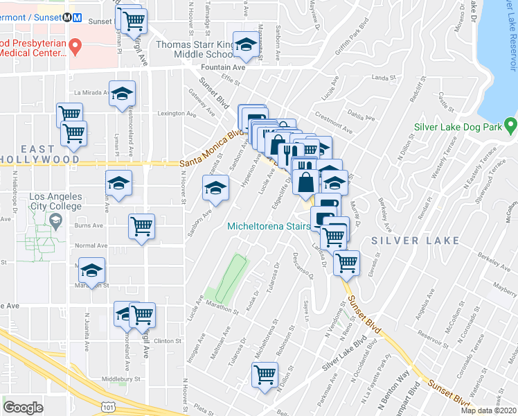 map of restaurants, bars, coffee shops, grocery stores, and more near 1382 Lucile Avenue in Los Angeles