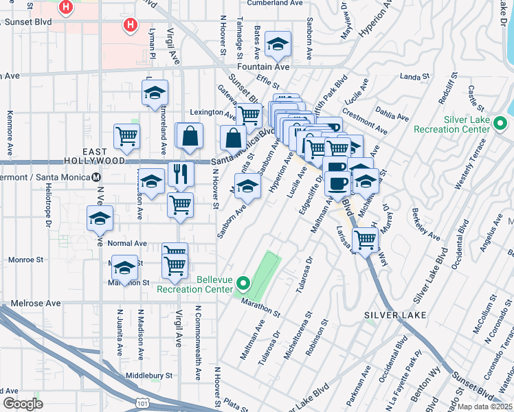 map of restaurants, bars, coffee shops, grocery stores, and more near 940 Venango Avenue in Los Angeles