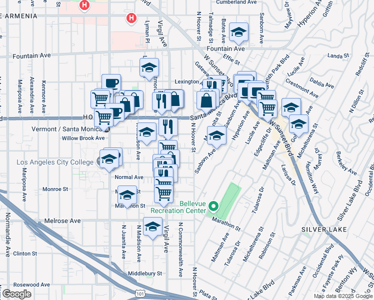 map of restaurants, bars, coffee shops, grocery stores, and more near 4227 1/4 Lockwood Avenue in Los Angeles