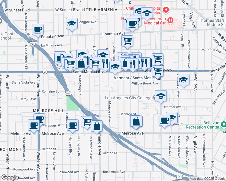 map of restaurants, bars, coffee shops, grocery stores, and more near 1000 North Mariposa Avenue in Los Angeles
