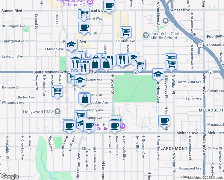 map of restaurants, bars, coffee shops, grocery stores, and more near 6023 Romaine Street in Los Angeles