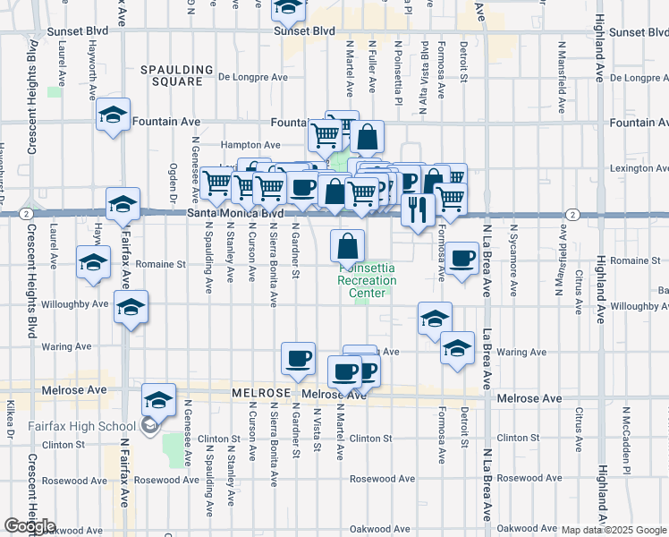 map of restaurants, bars, coffee shops, grocery stores, and more near 1009 North Martel Avenue in West Hollywood
