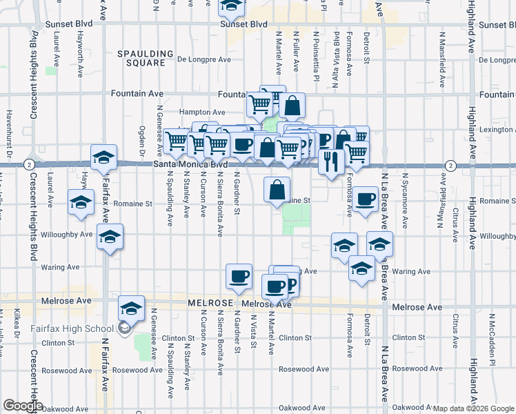 map of restaurants, bars, coffee shops, grocery stores, and more near 1009 North Martel Avenue in West Hollywood