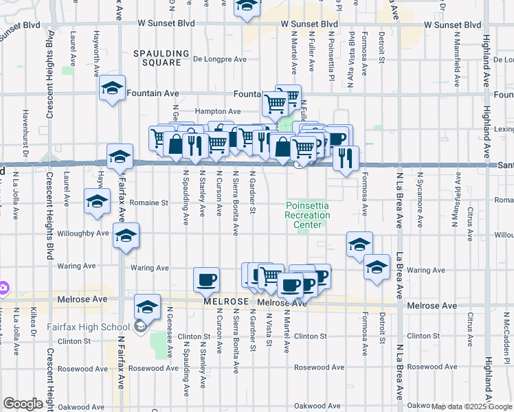 map of restaurants, bars, coffee shops, grocery stores, and more near in West Hollywood