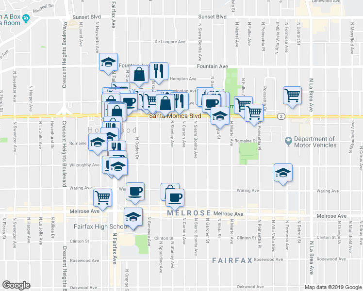 map of restaurants, bars, coffee shops, grocery stores, and more near 1008 North Stanley Avenue in West Hollywood