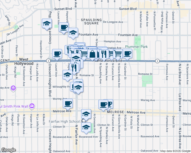 map of restaurants, bars, coffee shops, grocery stores, and more near 1004 1/2 North Ogden Drive in West Hollywood