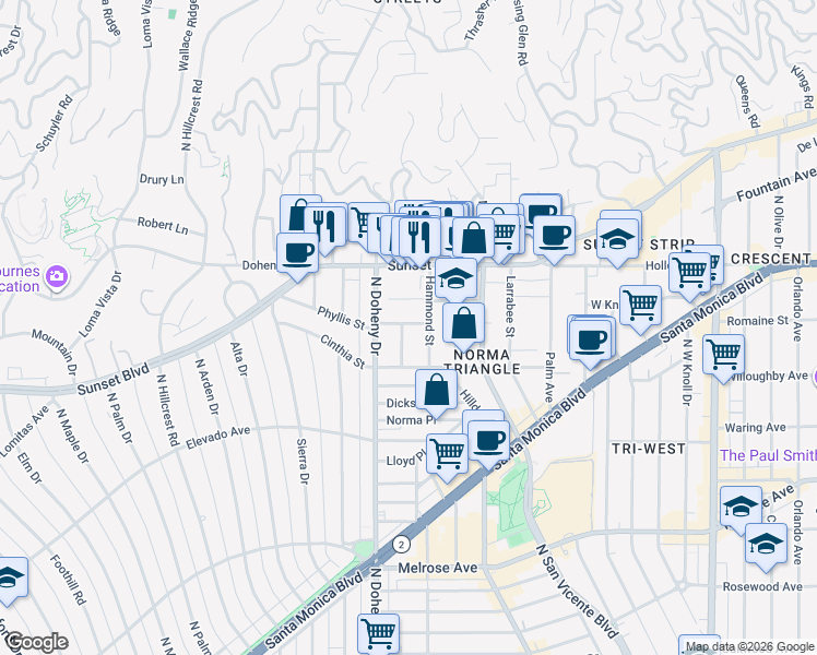 map of restaurants, bars, coffee shops, grocery stores, and more near 9039 Phyllis Avenue in West Hollywood