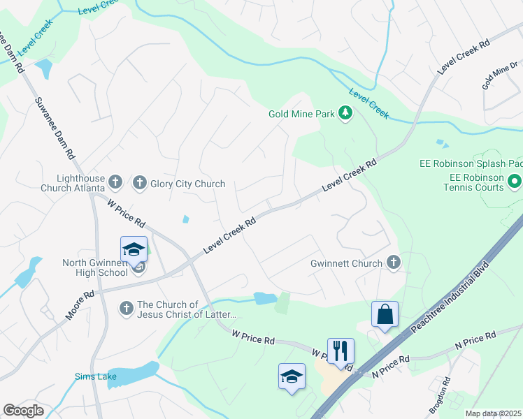 map of restaurants, bars, coffee shops, grocery stores, and more near 5177 Cabot Creek Drive in Buford