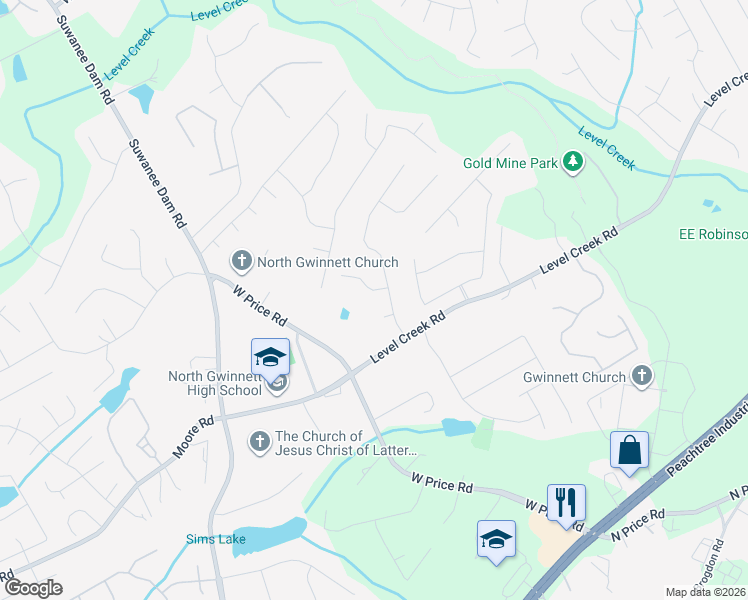map of restaurants, bars, coffee shops, grocery stores, and more near 4905 Puritan Drive in Buford